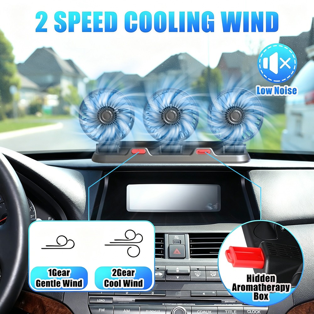 Car Fan Three Head Vehicle Cooling Fan with Two Speeds 360° Rotation for RV SUV
