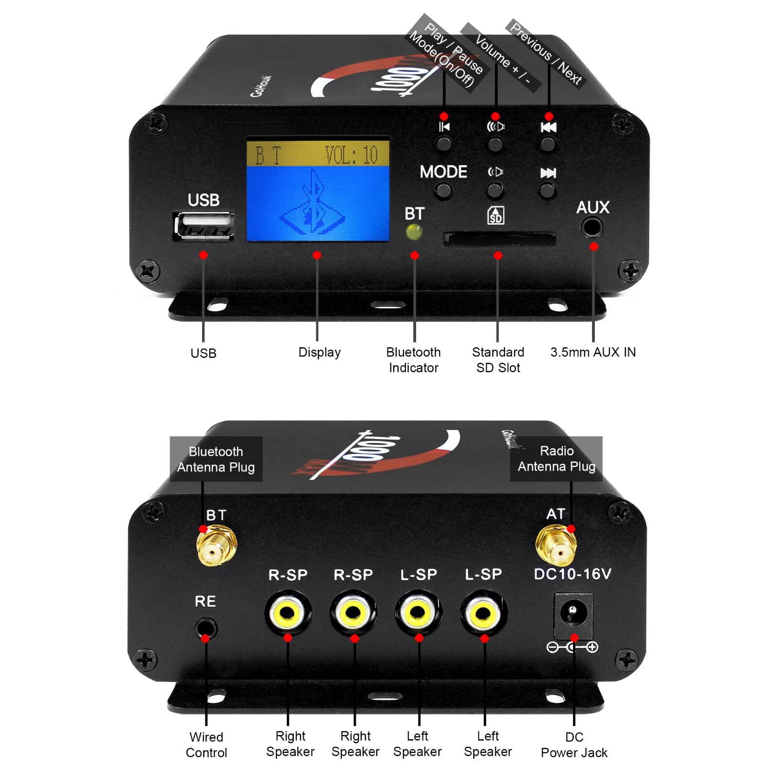 1000W Amplifier Motorcycle ATV UTV Bluetooth Audio System Radio Stereo MP3 USB