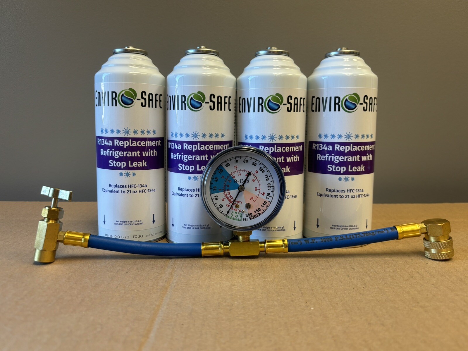 Enviro-Safe 134a Replacement Refrigerant w/ Stop Leak 4 Can & Gauge Kit,