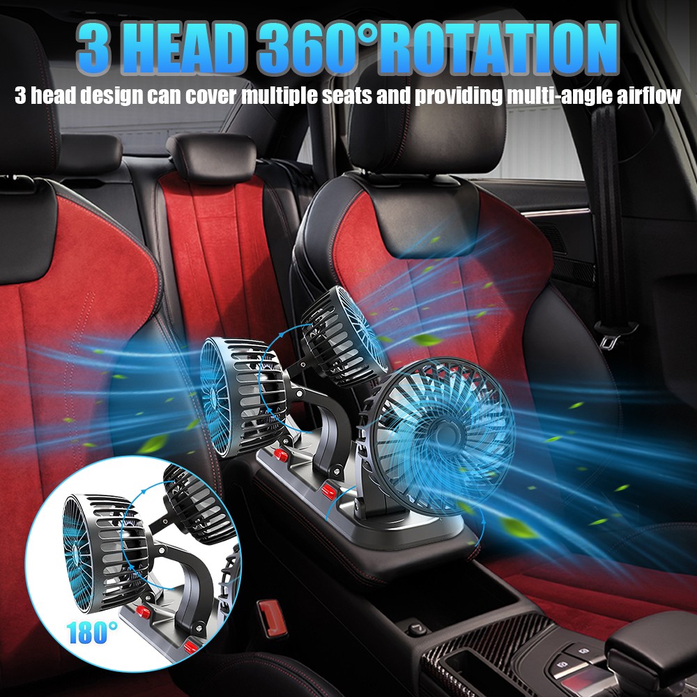 Car Fan Three Head Vehicle Cooling Fan with Two Speeds 360° Rotation for RV SUV