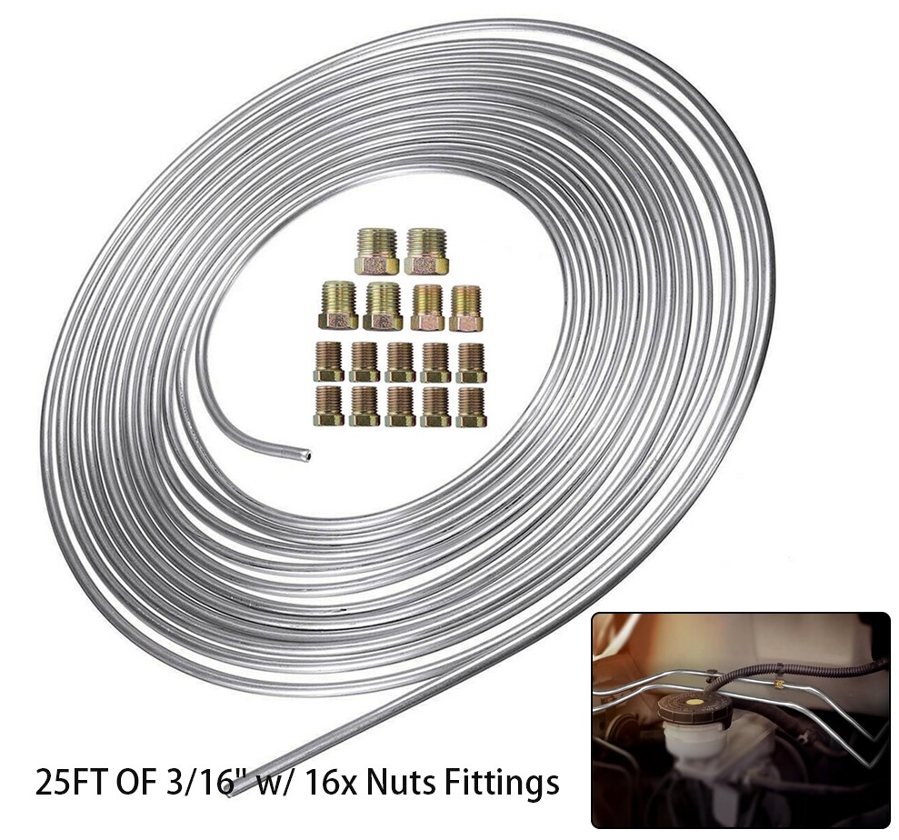 1Pcs Brake Line Tubing Kit Galvanized Steel 25 Ft. Roll Coil 3/16″OD 16 Fittings