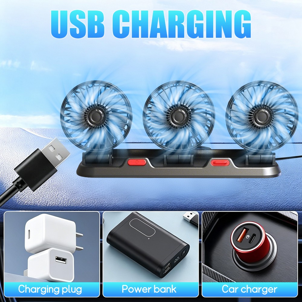 Car Fan Three Head Vehicle Cooling Fan with Two Speeds 360° Rotation for RV SUV