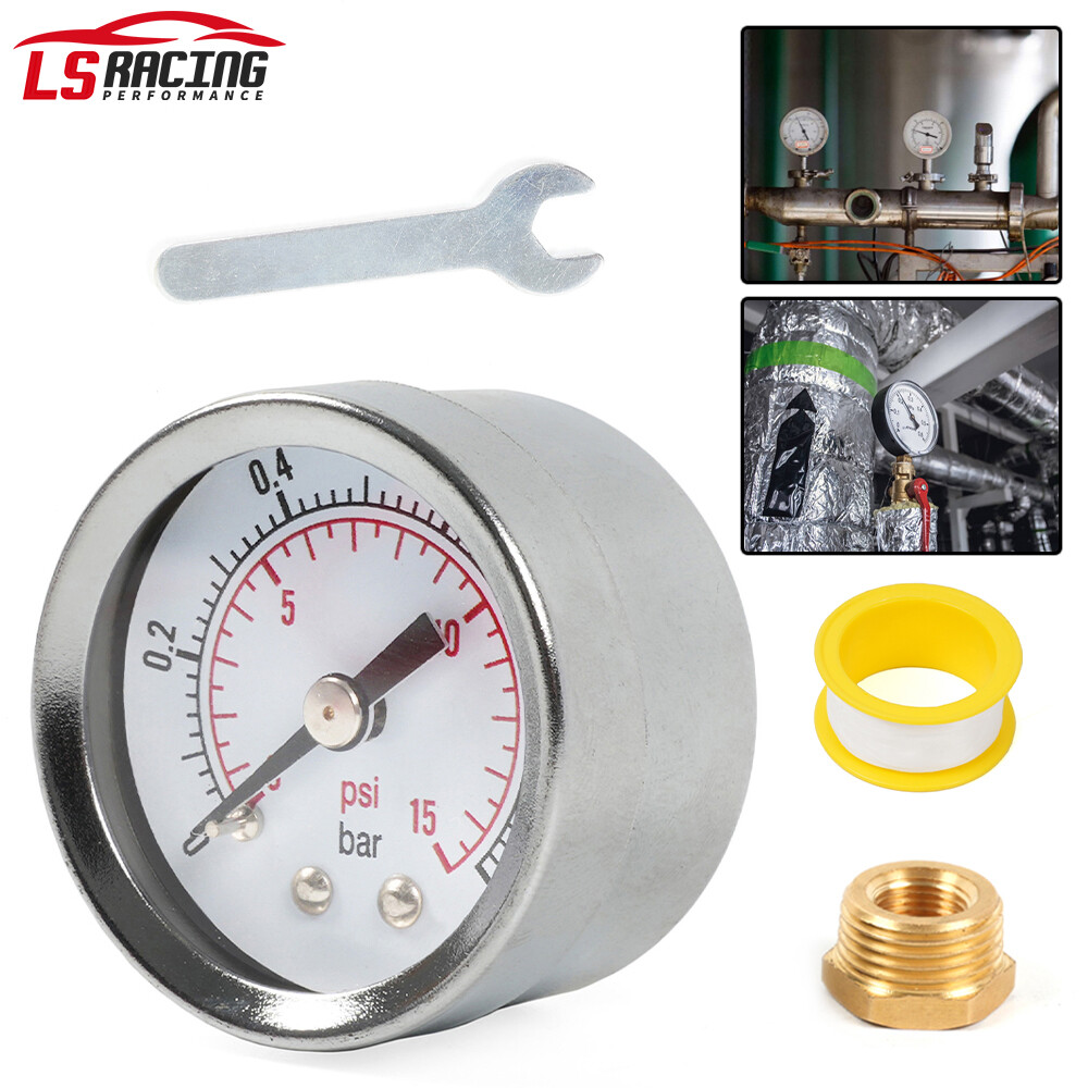 1/8″ NPT Pressure Gauge 0-15 PSI with 3/8″ Back Mount 1.5″ Face Diameter