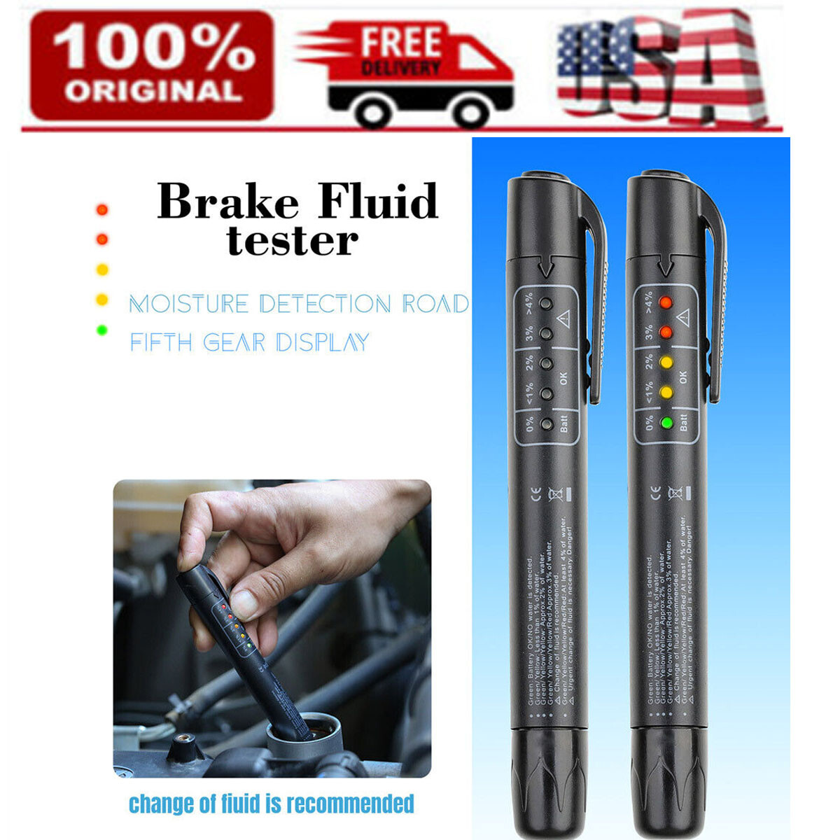 For DOT3 DOT4 Car Brake Fluid Liquid Oil Tester Pen 5 LED Indicator Testing Tool