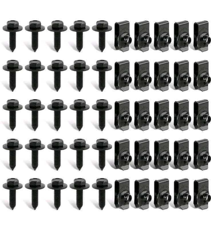 Body Bolts & U-Nut Clips – M6-1.0 x 20mm Long – 10mm Hex (25 Each) 50PCS