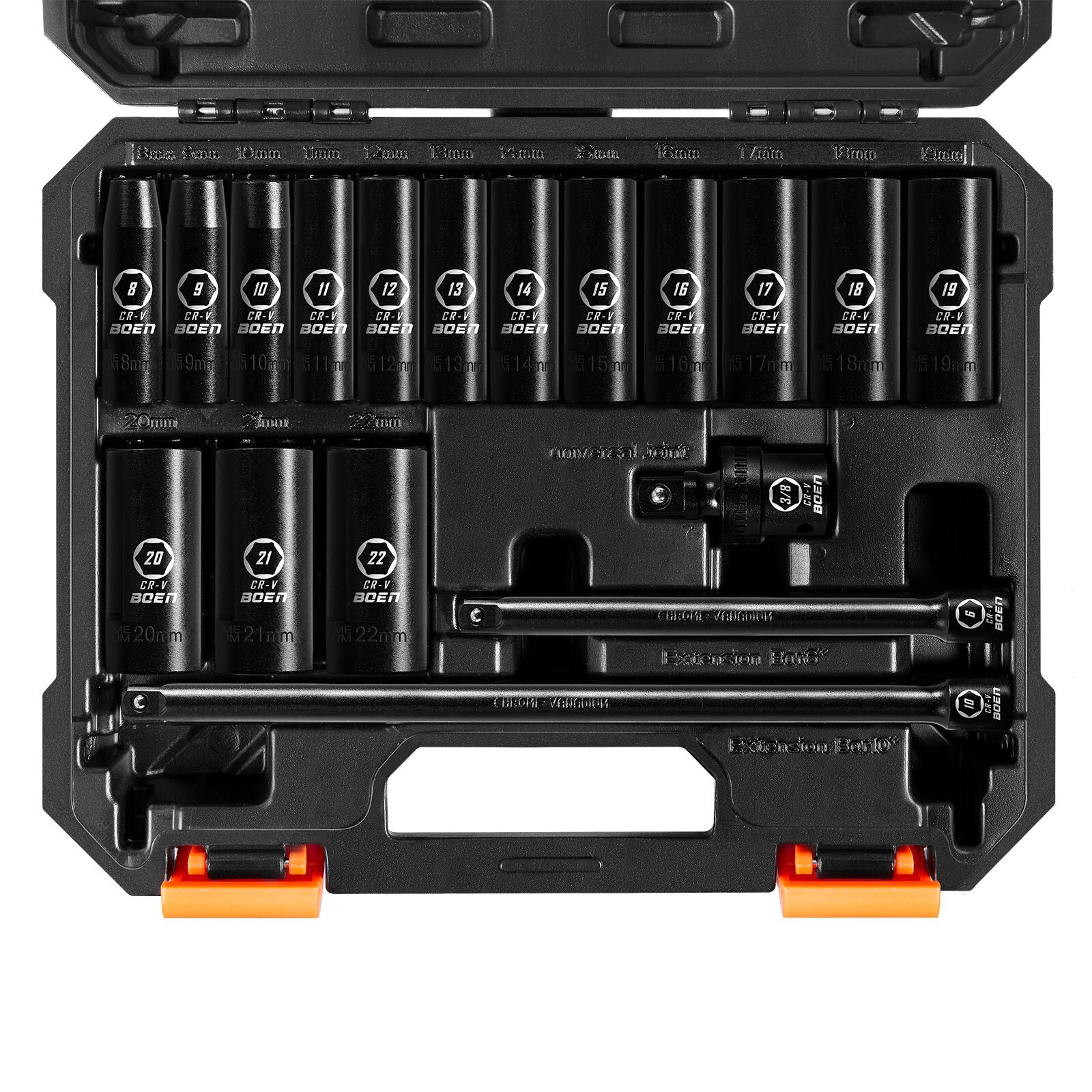 18Pcs 3/8 Inch Drive Deep Impact Socket Set,Metric 8-22mm, 6″,10″ Extension Bars