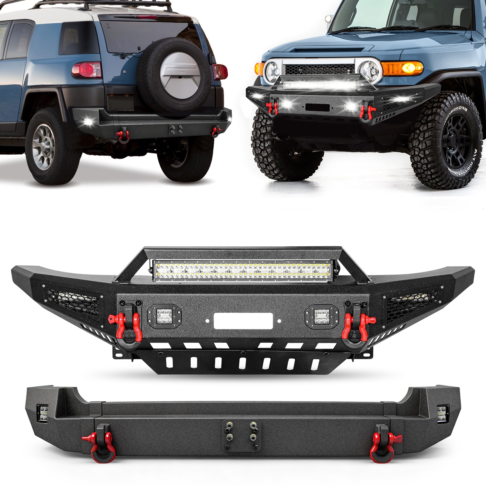 Aaiwa Front Rear Bumper For 2007-2014 Toyota FJ Cruiser w/Winch Plate&LED Lights