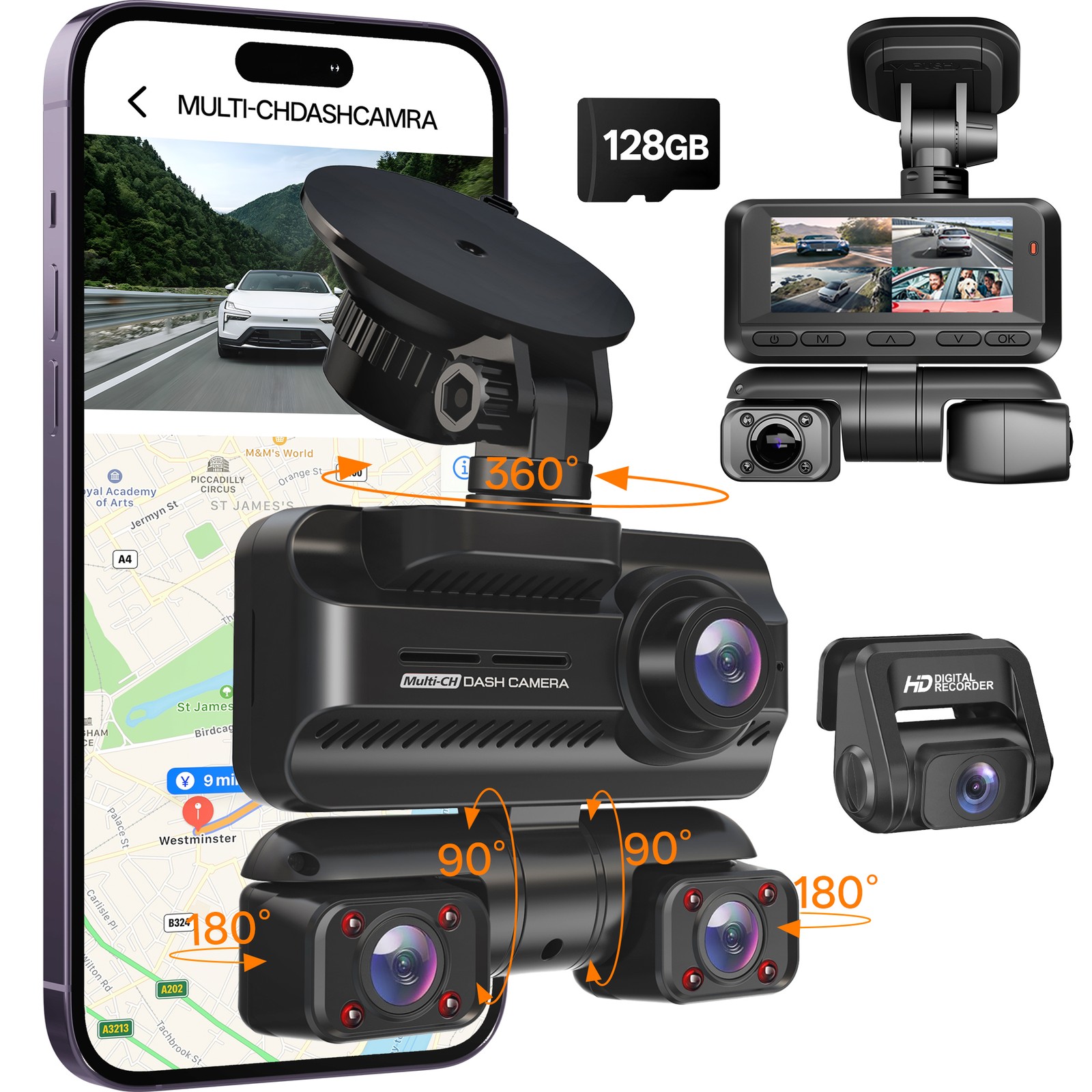 Dash Camera 4K Front Rear Inside DashCam Built-In WiFi & GPS, WDR Night Vision