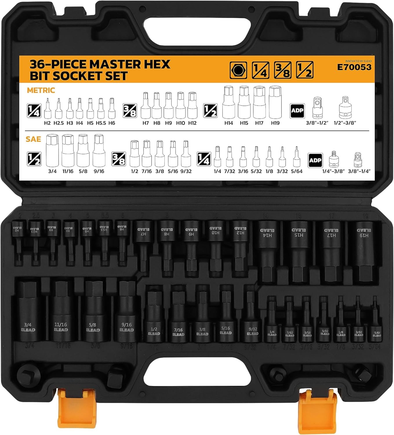 Hex Bit Impact Socket Set: 36-Piece with 4 Adapters, 1/4″, 3/8″, One Size