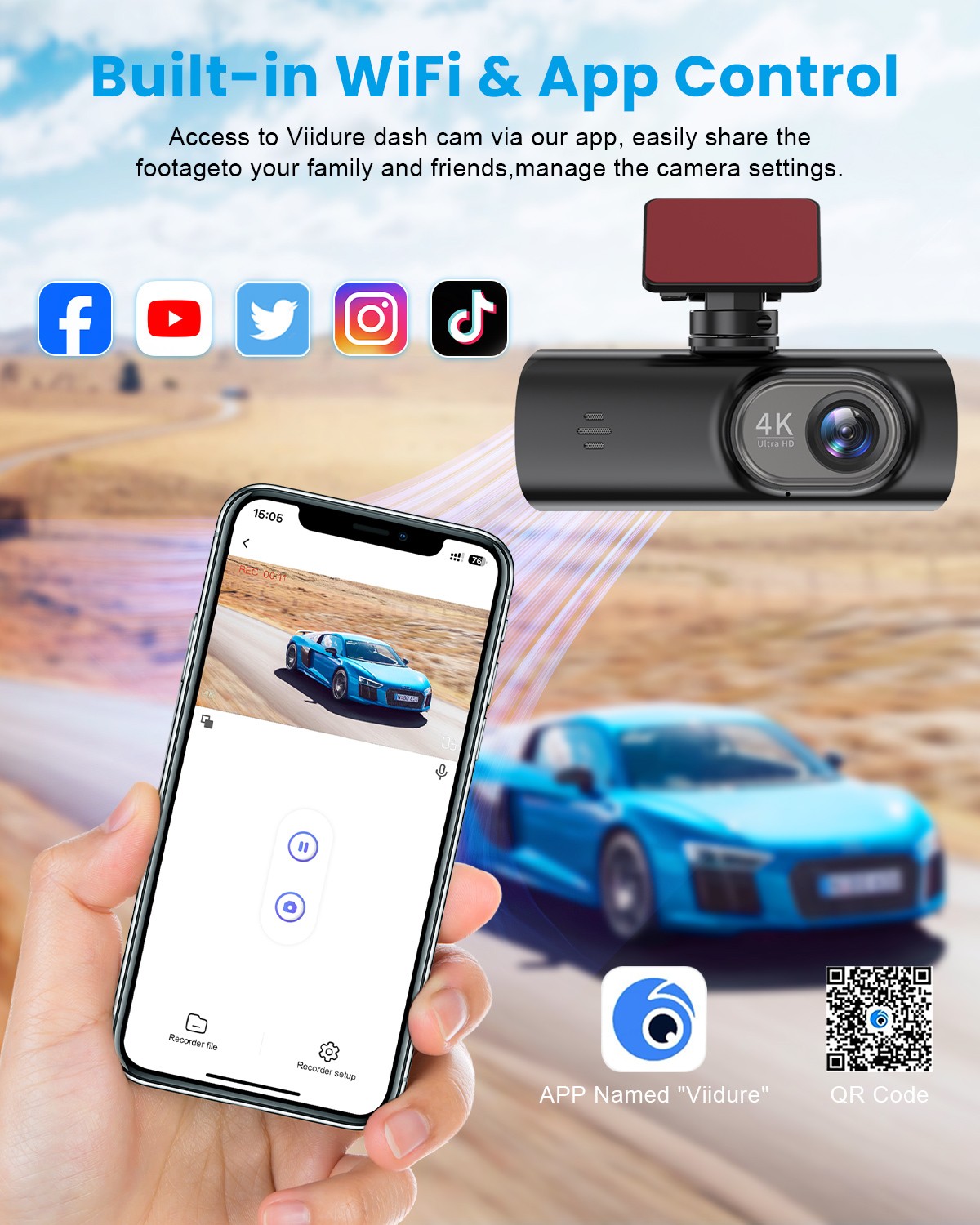 Soam Ultra 4K Front and Rear 1080P Dash Cam, Built-in WiFi, Free 32G Memory Card