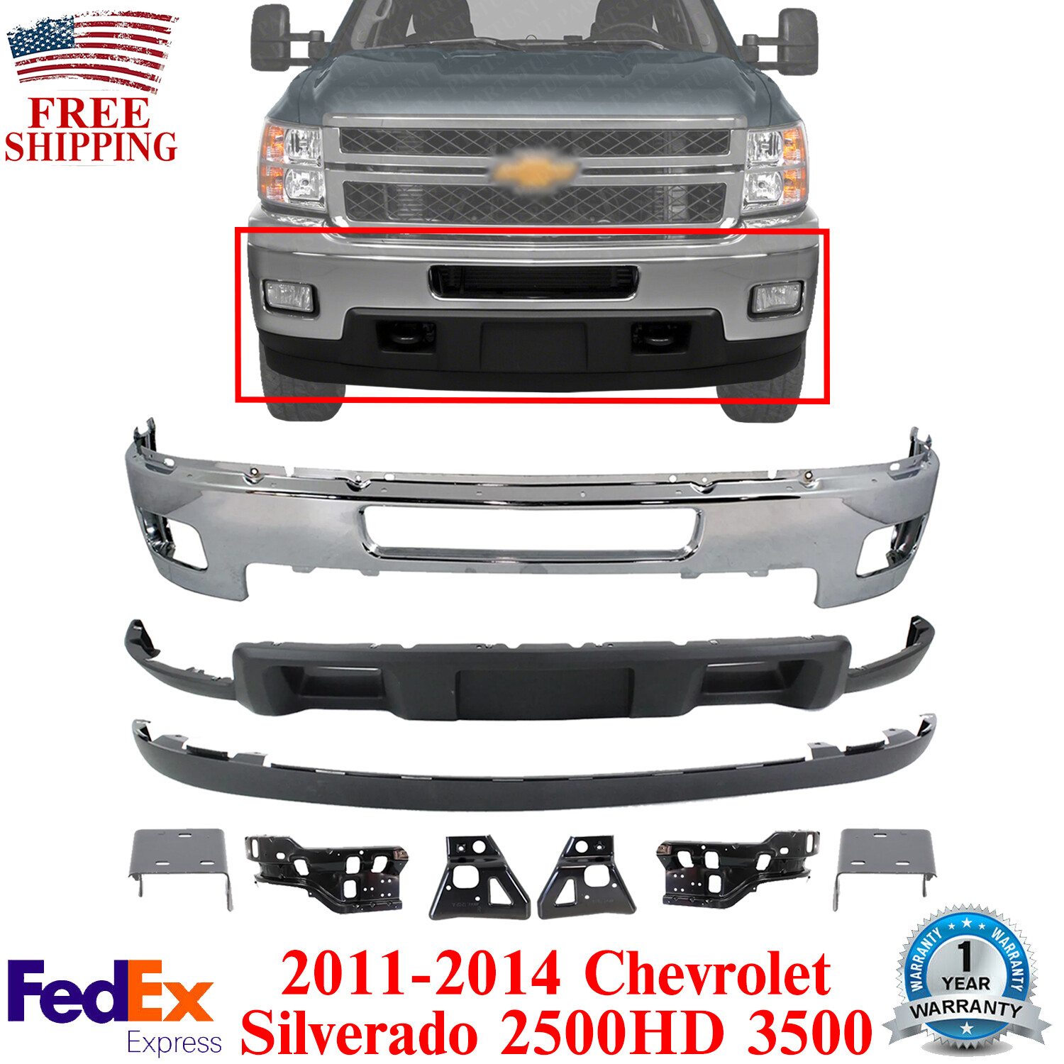 Front Bumper Chrome Steel Kit With Brackets For 2011-2014 Silverado 2500HD 3500