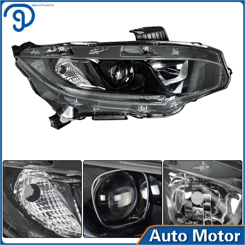 Right & Left For Honda Civic 2016-2021 Halogen W/DRL Black Headlights Projector