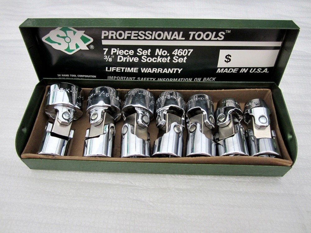 Vintage SK Tools 3/8″ Drive 7pc SAE 6pt Flex Head Socket Set 4607 Made in USA