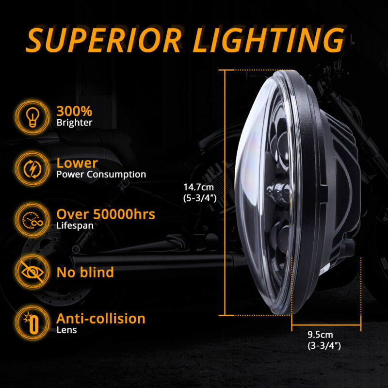 5-3/4″ 5.75inch Round Motorcycle LED Headlight with DRL Amber Turn Signal Black