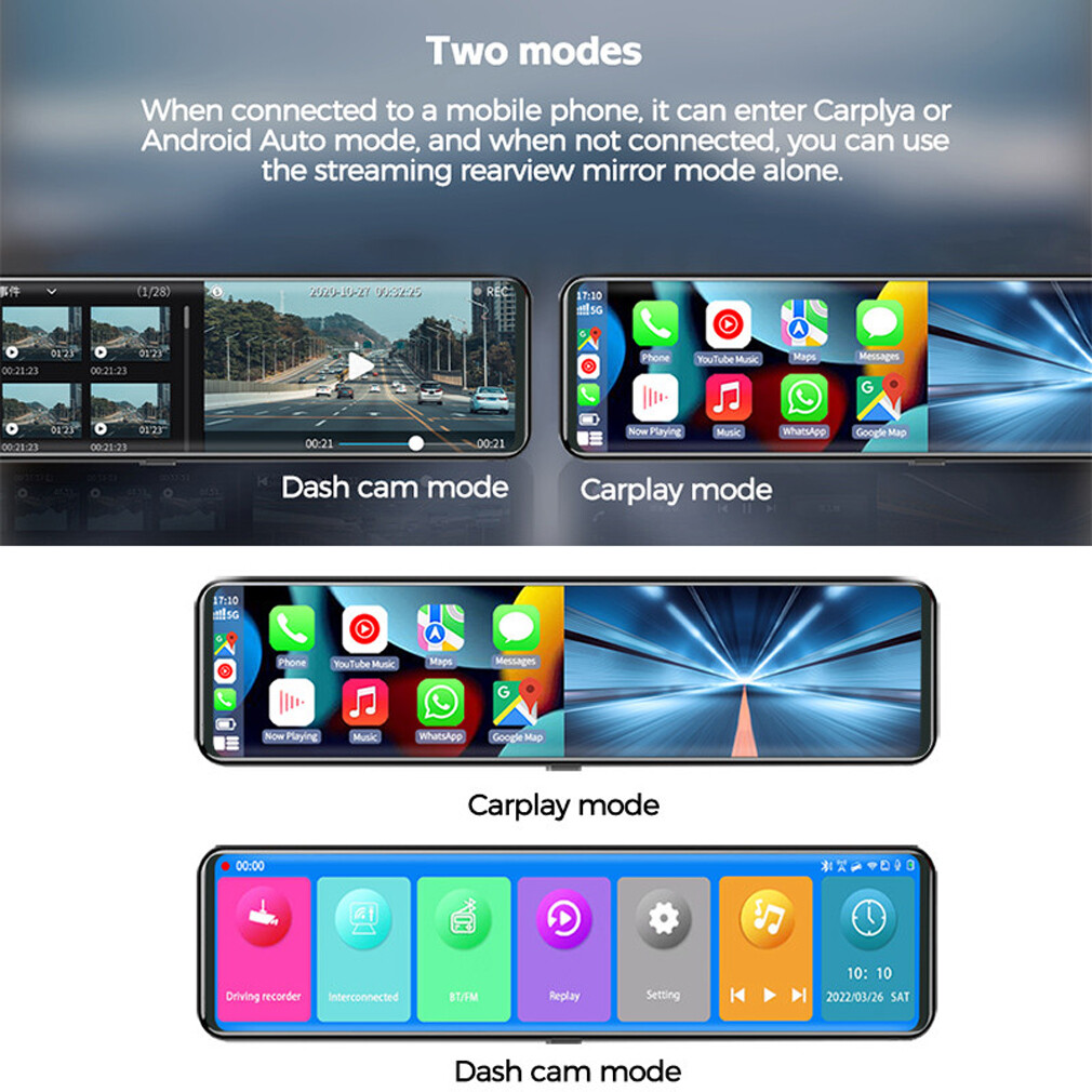 3 Cameras Mirror Carplay Android Auto Car Dash Cam Rearview 2.5K Video WIFI DVR
