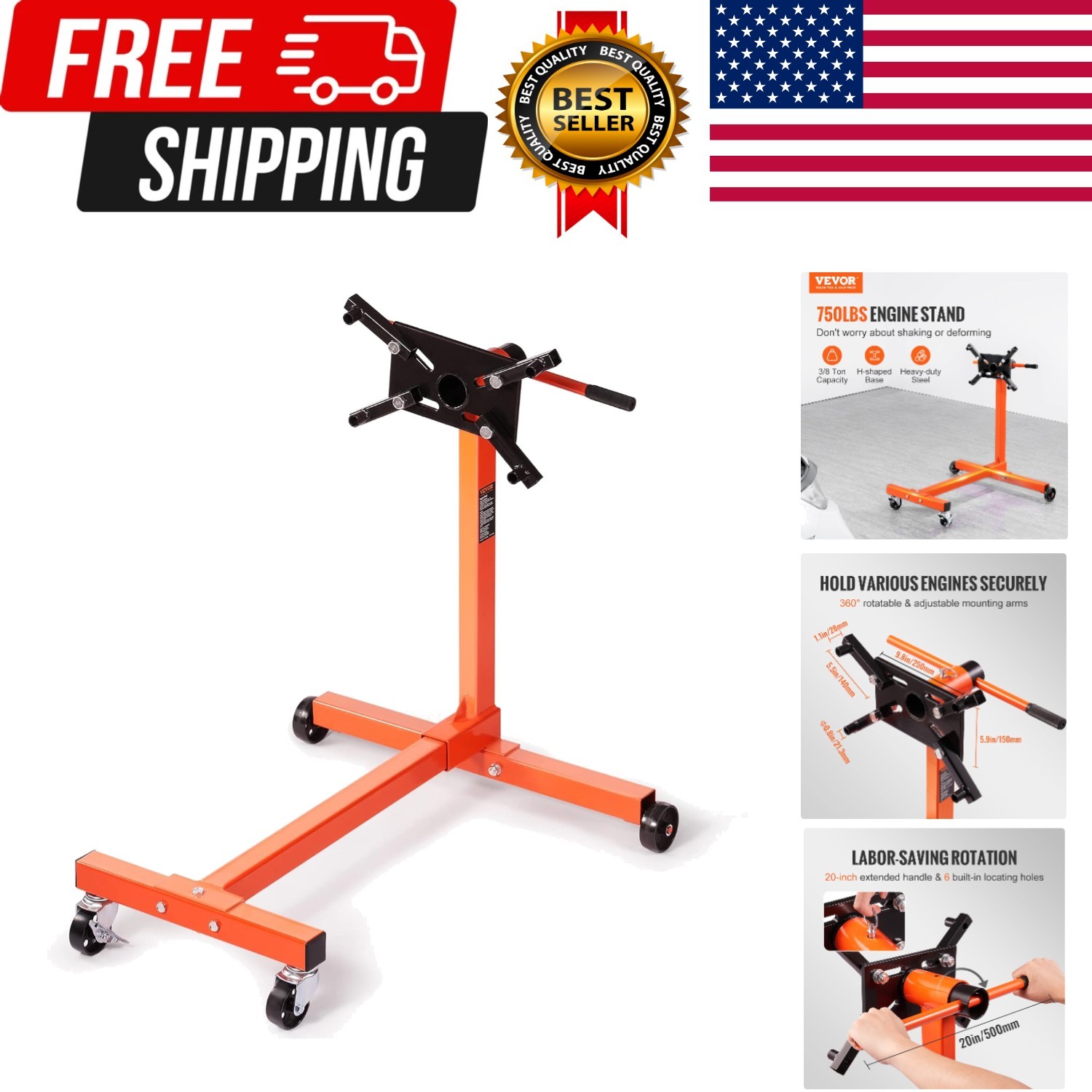 Engine Stand, with 360 Degree Adjustable Head, Cast Iron Motor Hoist Dolly, 4…