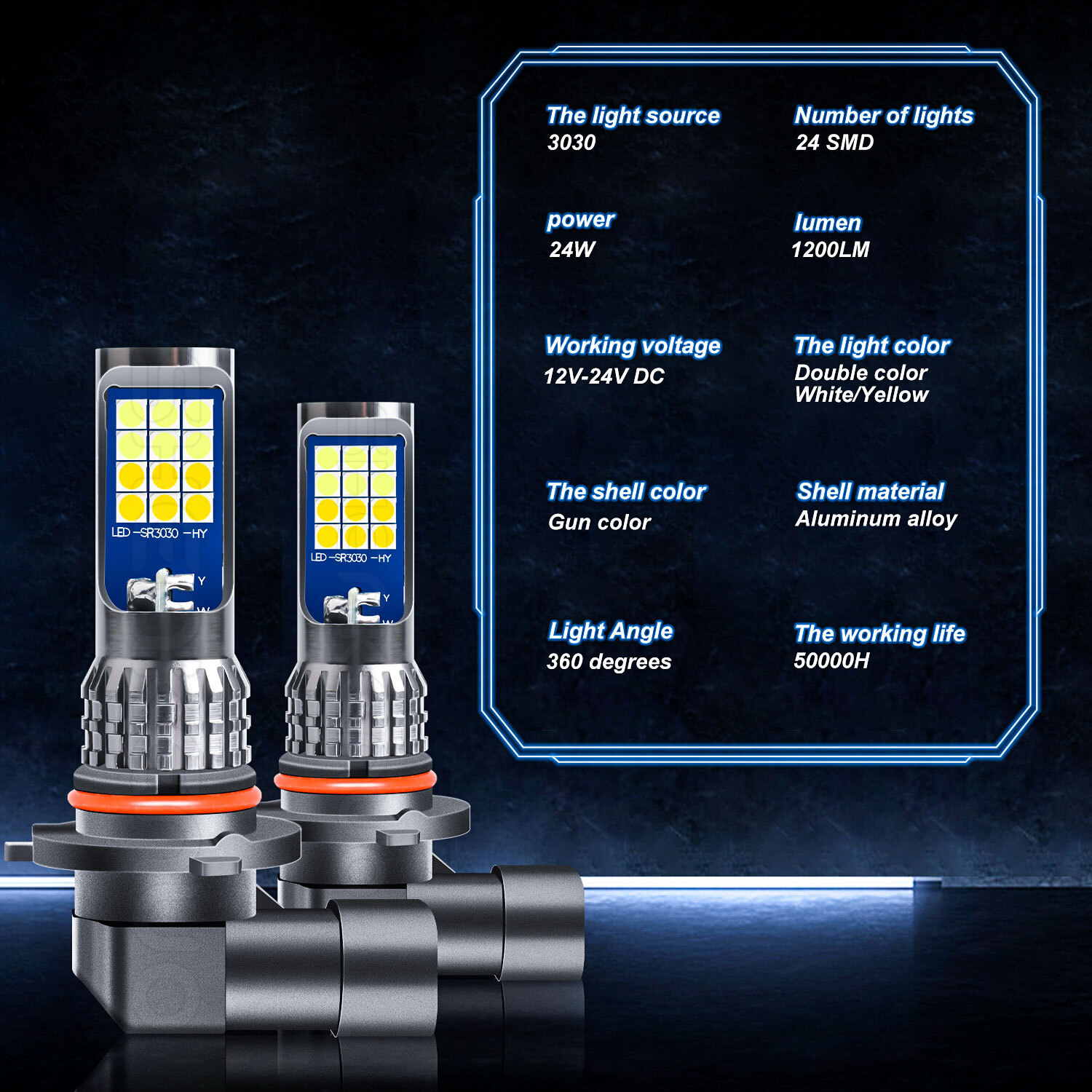 9005 HB3 LED Headlight High Beam Bulbs Dual Color w/ Flash Mode White + Yellow