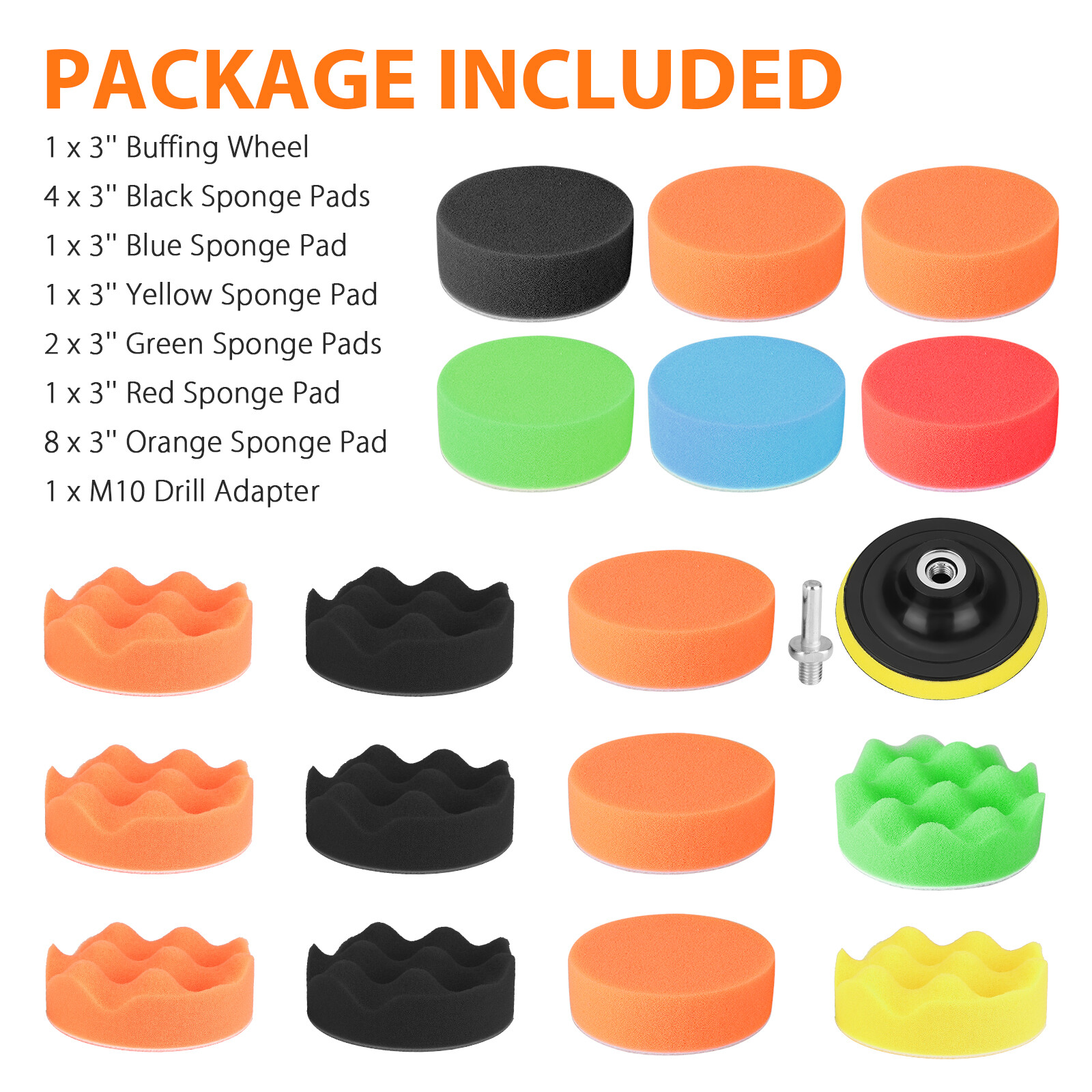 19Pcs 3″ Inch Polishing Pads Sponge Woolen Waxing Buffing Pad Kits Drill Adapter