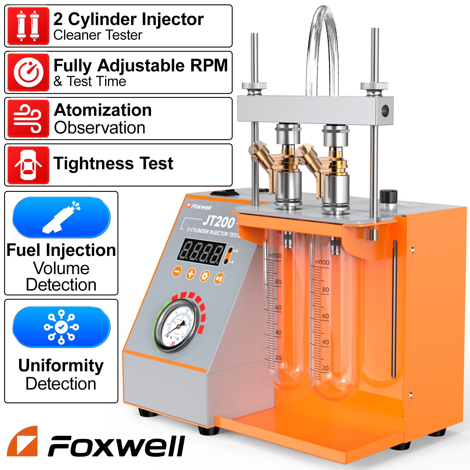 FOXWELL JT200 2 Cyclinder Fuel Injector Cleaner Tester Cleaning Machine Tool Kit