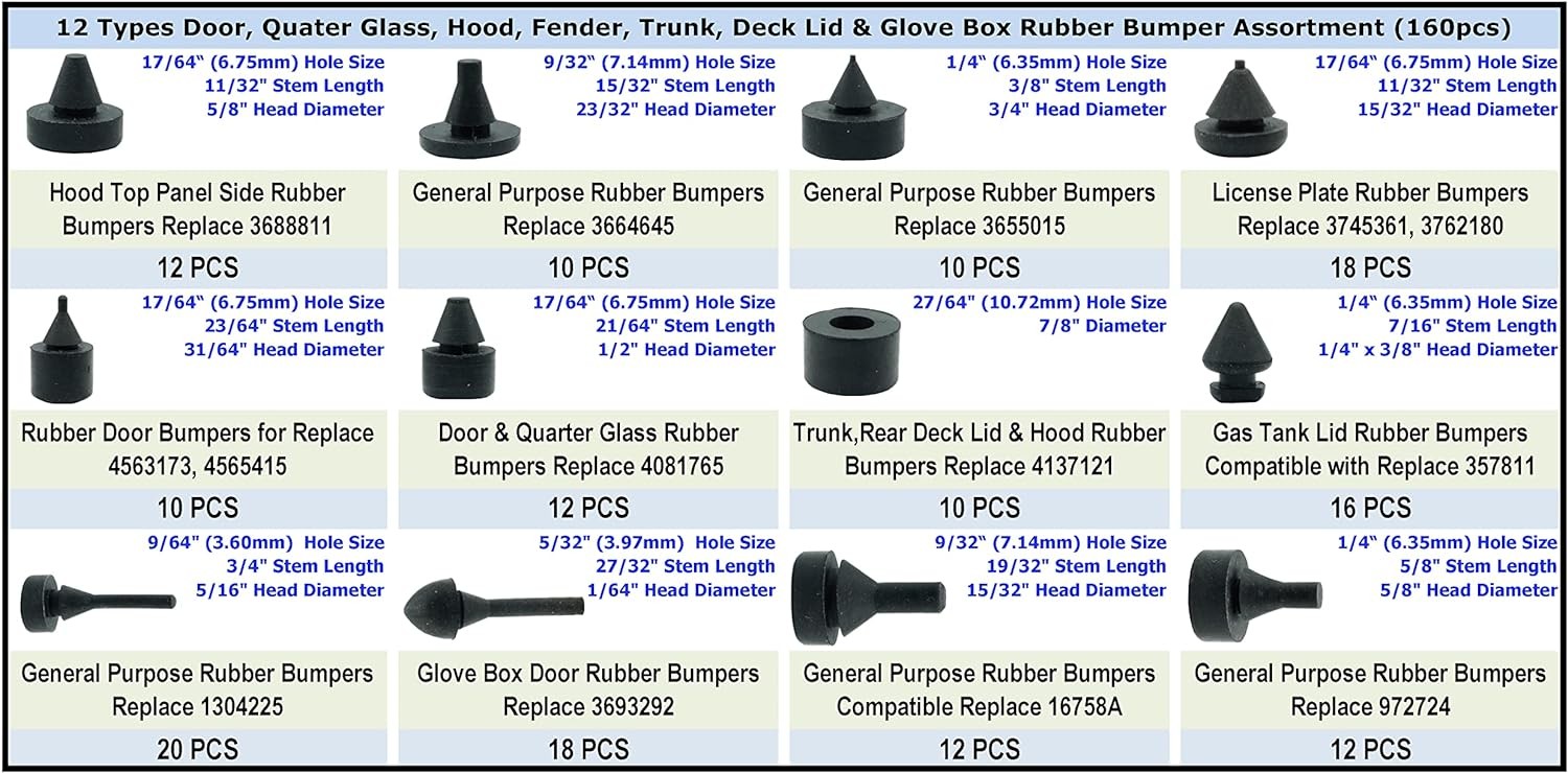 160 PCS Black Automotive Rubber Bumper Assortment, Stop