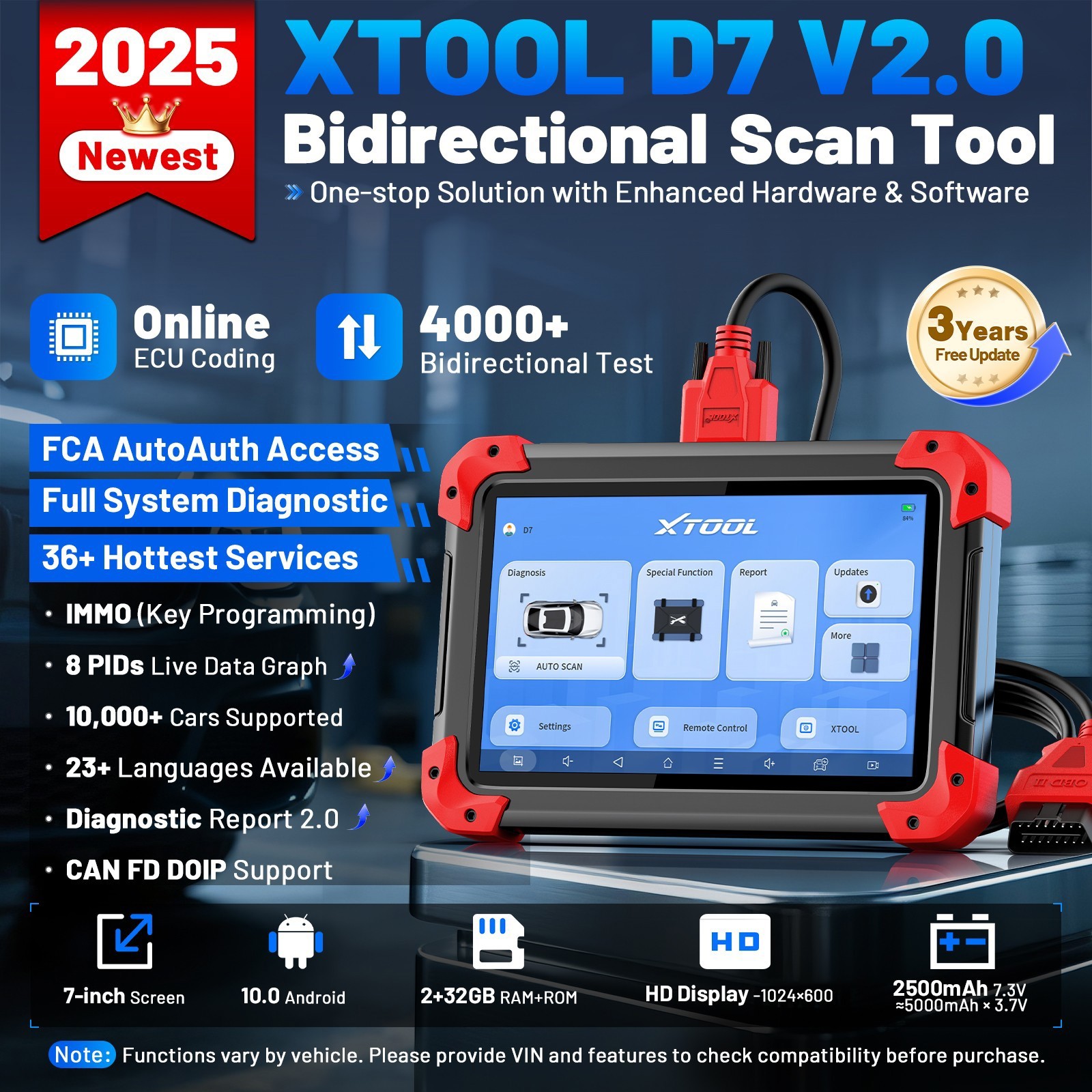 XTOOL D7 Car Diagnostic Scanner BiDirectional Full System Scan Auto VIN FCA NEW