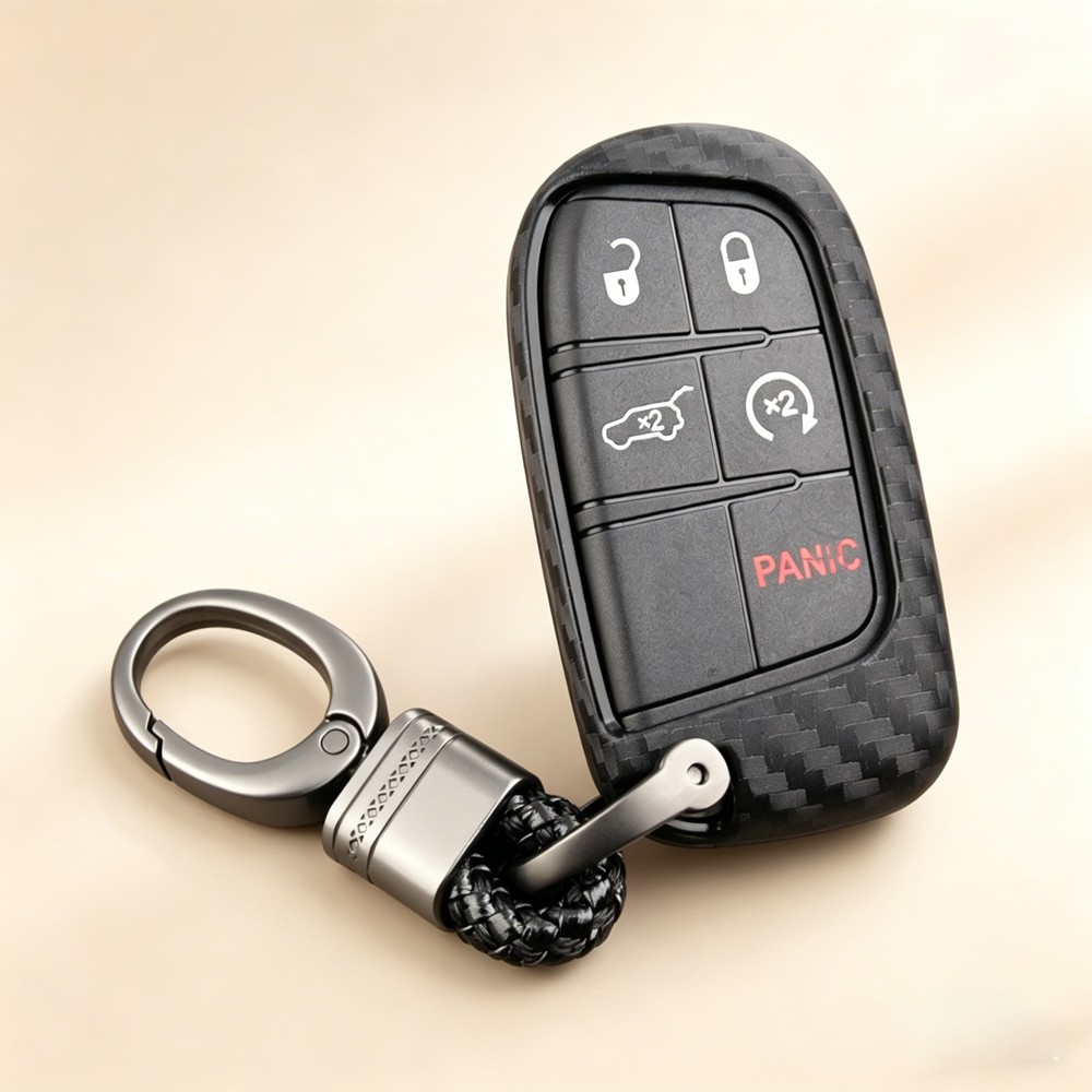 For Jeep Dodge Chrysler Fiat Smart Car Key Fob Case Cover Chain Carbon Fiber