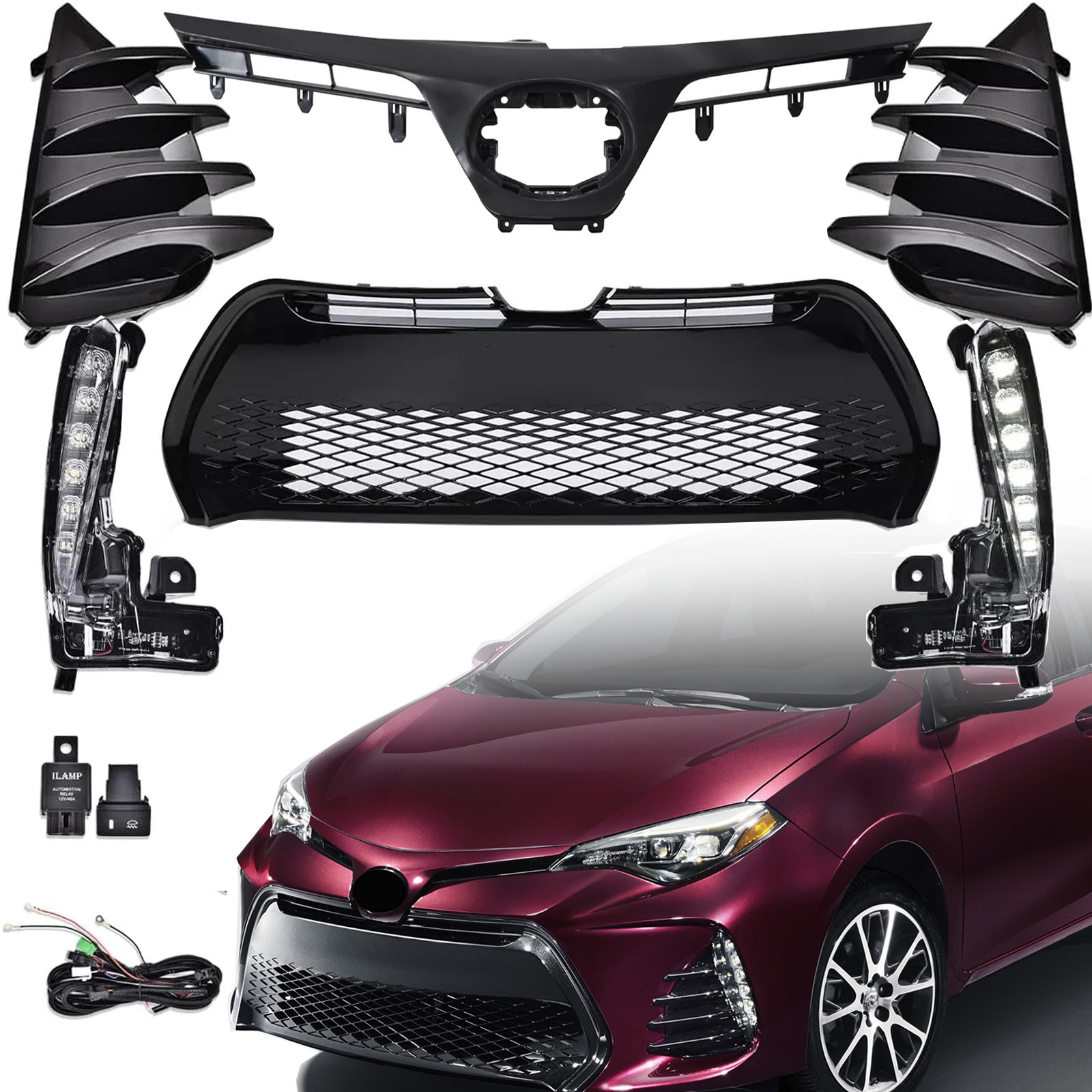 6PCS Front Upper Lower Grille LED Fog Lights For 2017-2019 Toyota Corolla SE XSE