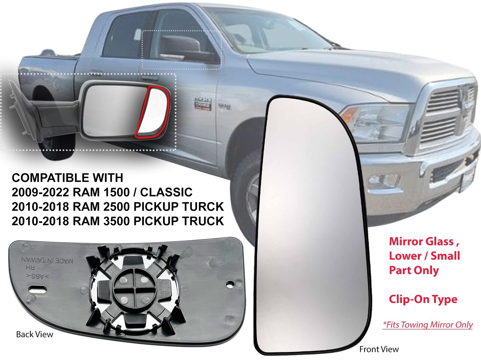 For 2009-2022 RAM 1500 2500 3500 4500 5500 Tow Mirror Lower Glass Passenger Side