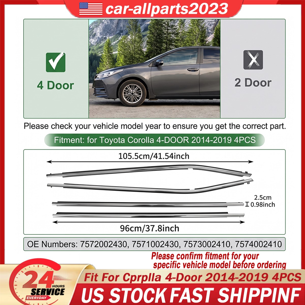 For Toyota Corolla 2014-2019 4Pcs Door Window Weatherstrip Belt Kit OE STYLE