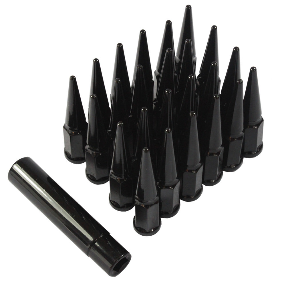 Black 24 PCS Spike Lug Nuts 14×1.5 For Chevy Silverado Tahoe 4.4″ Tall w/ Key