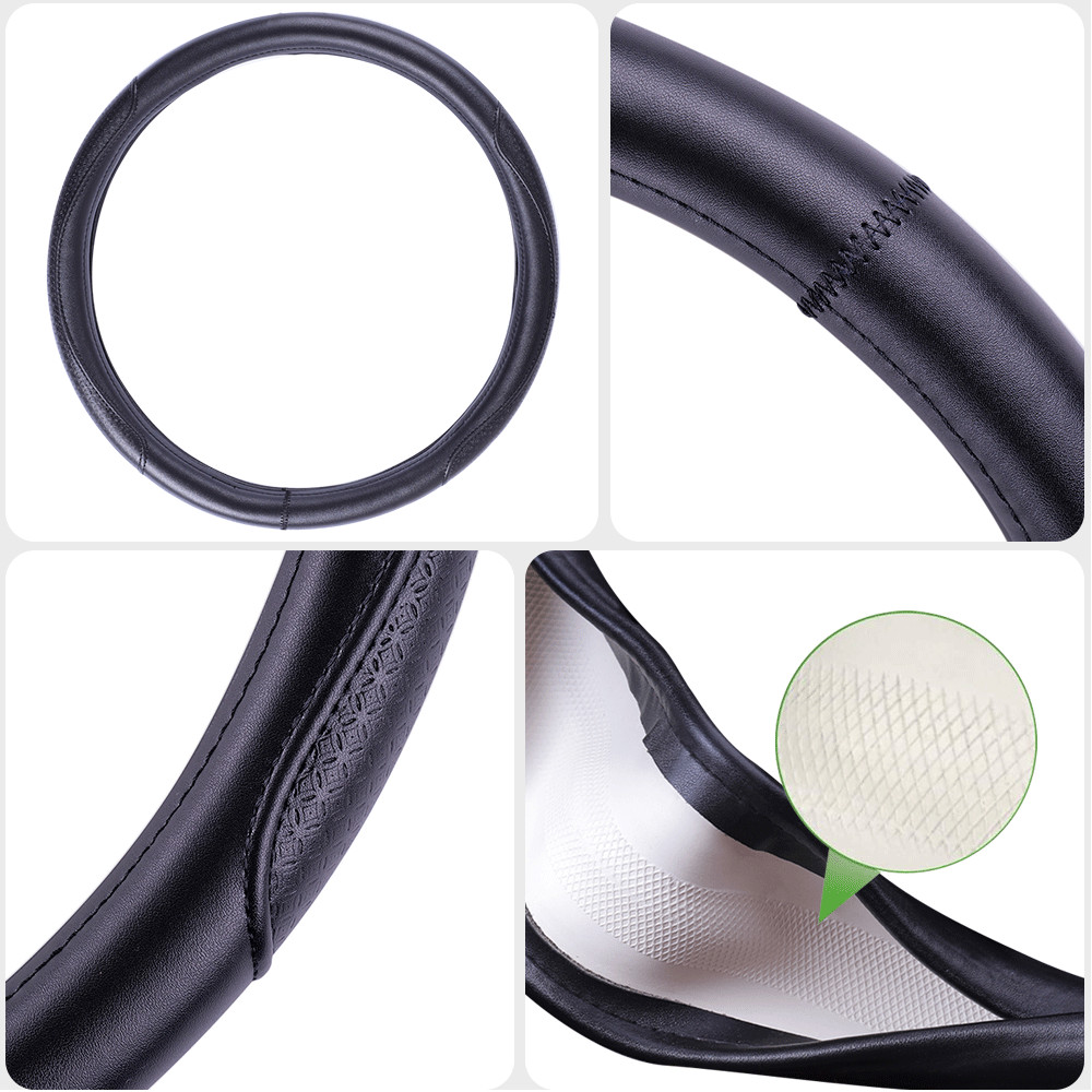 Black Cowhide Leather Car Steering Wheel Cover For GMC Sierra Round 15in/38cm