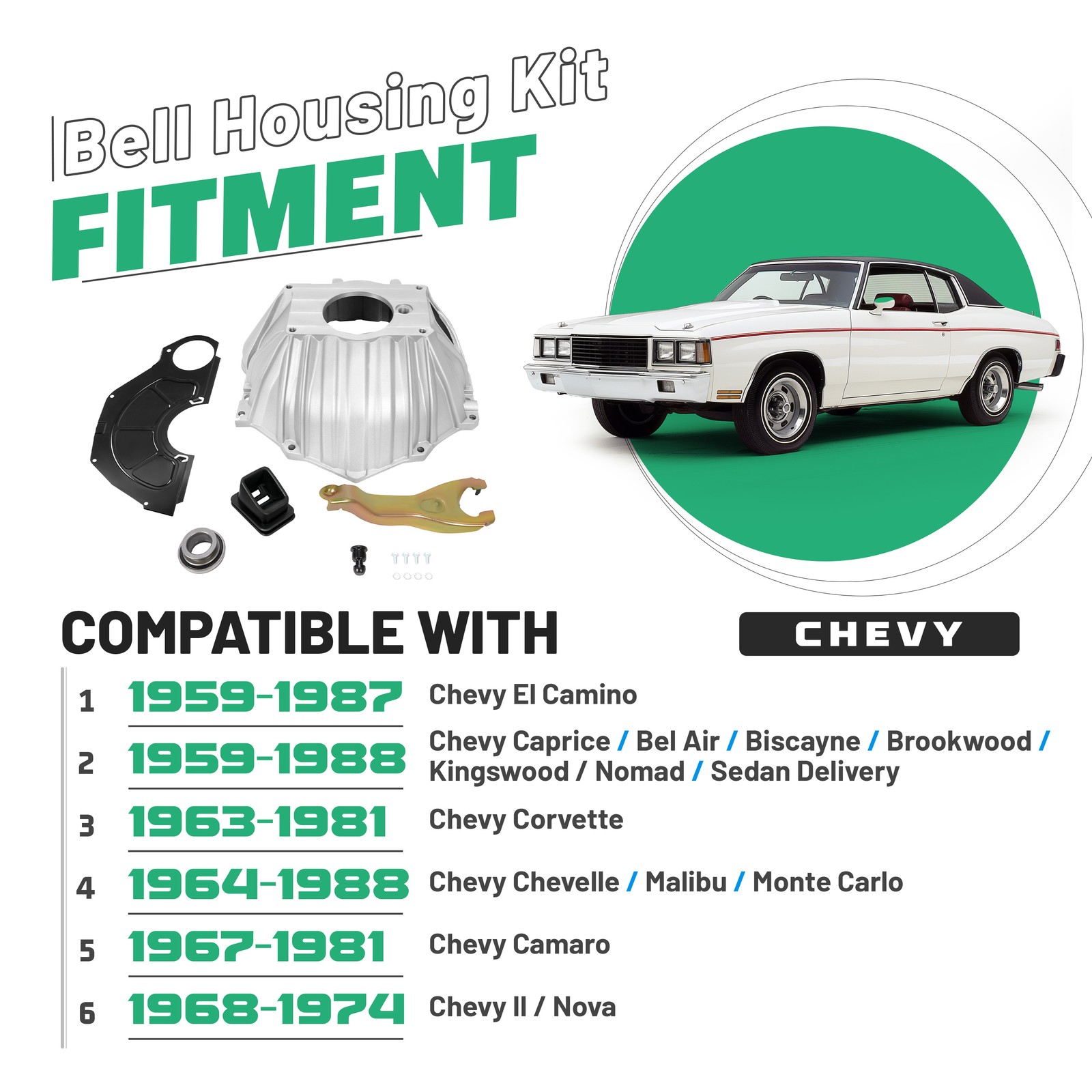 FOR CHEVY BELL HOUSING KIT & 11″ CLUTCH FORK & THROWOUT BEARING & COVER #3899621