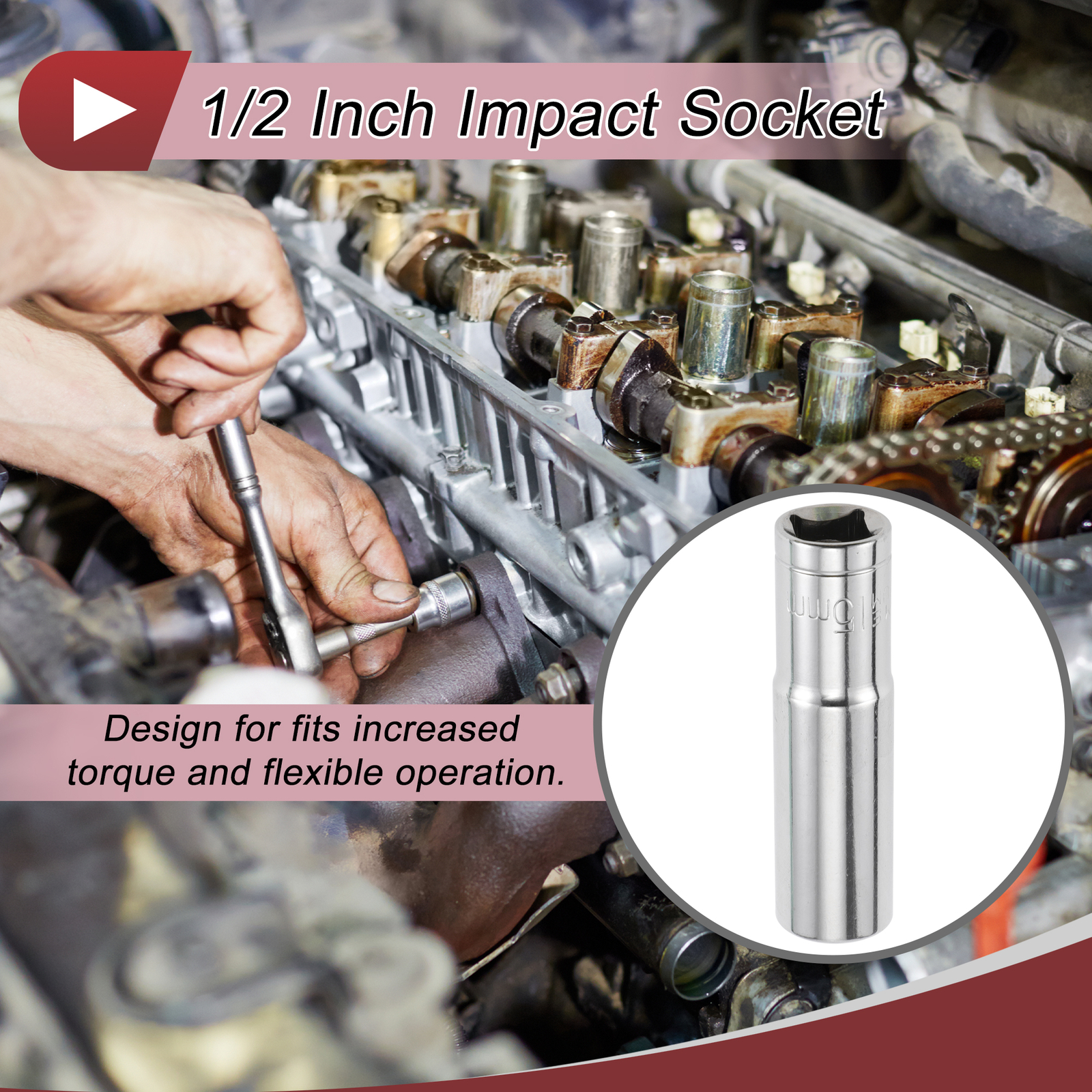 1/2 Inch Drive Impact Socket 15mm 6 Point Chrome Vanadium Steel 1 Pcs 80mm