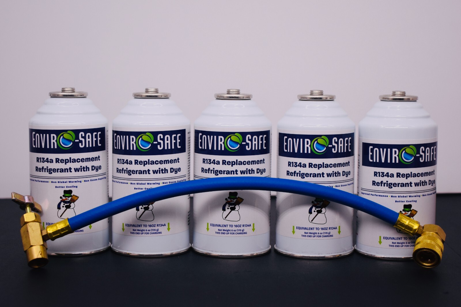 R134a Replacement Refrigerant with dye, 5 CANS, Charging Hose.