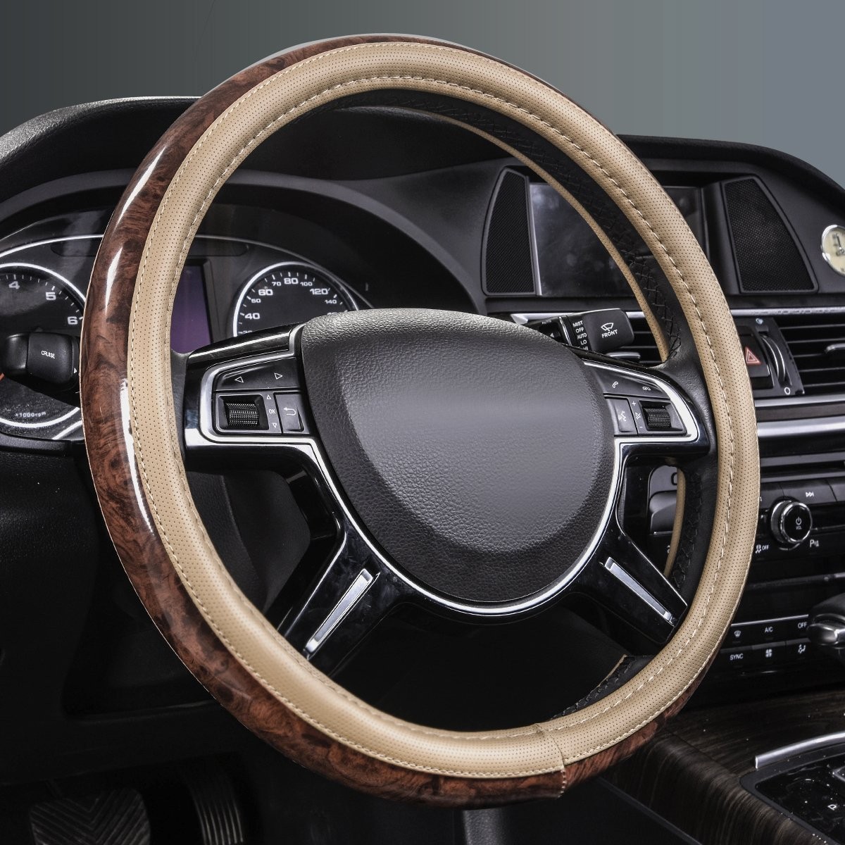 CAR PASS Wood Grain 14.5-15 inch Microfiber Leather Steering Full pack, beige