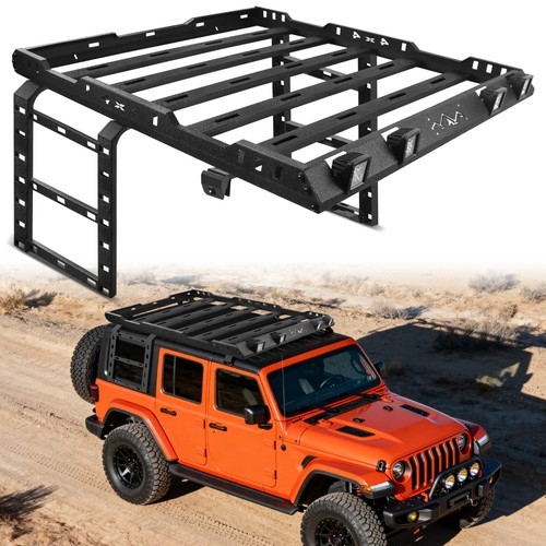 400LBS Roof Rack Cargo Basket for 2007-2018 Jeep Wrangler JK JKU w/Ladder&Lights