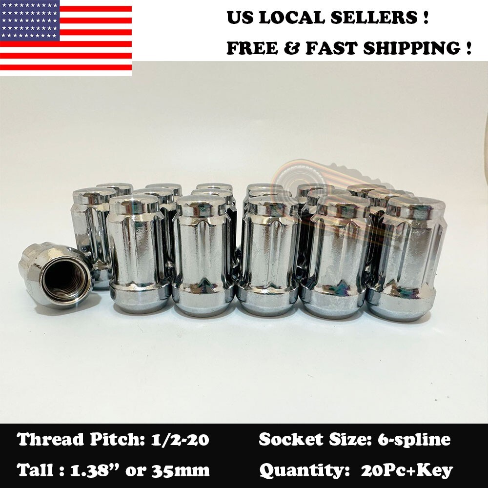 20PCS CHROME 6-SPLINE LUG NUTs + SECURE KEY | 1/2″-20 | FORD MUSTANG (1964-2014)