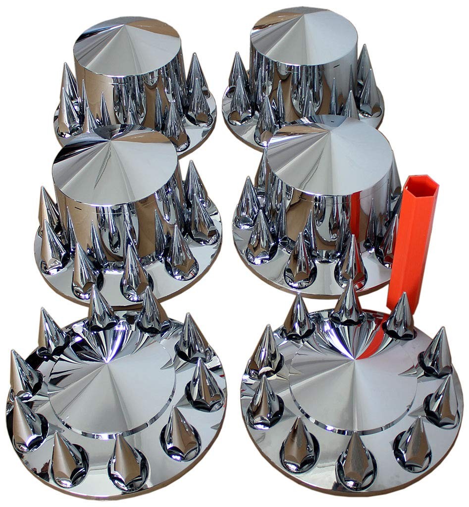 Chrome Hub Cover Kit Semi Truck 33mm Lug Wheel Axle Covers Front & Rear Spiked