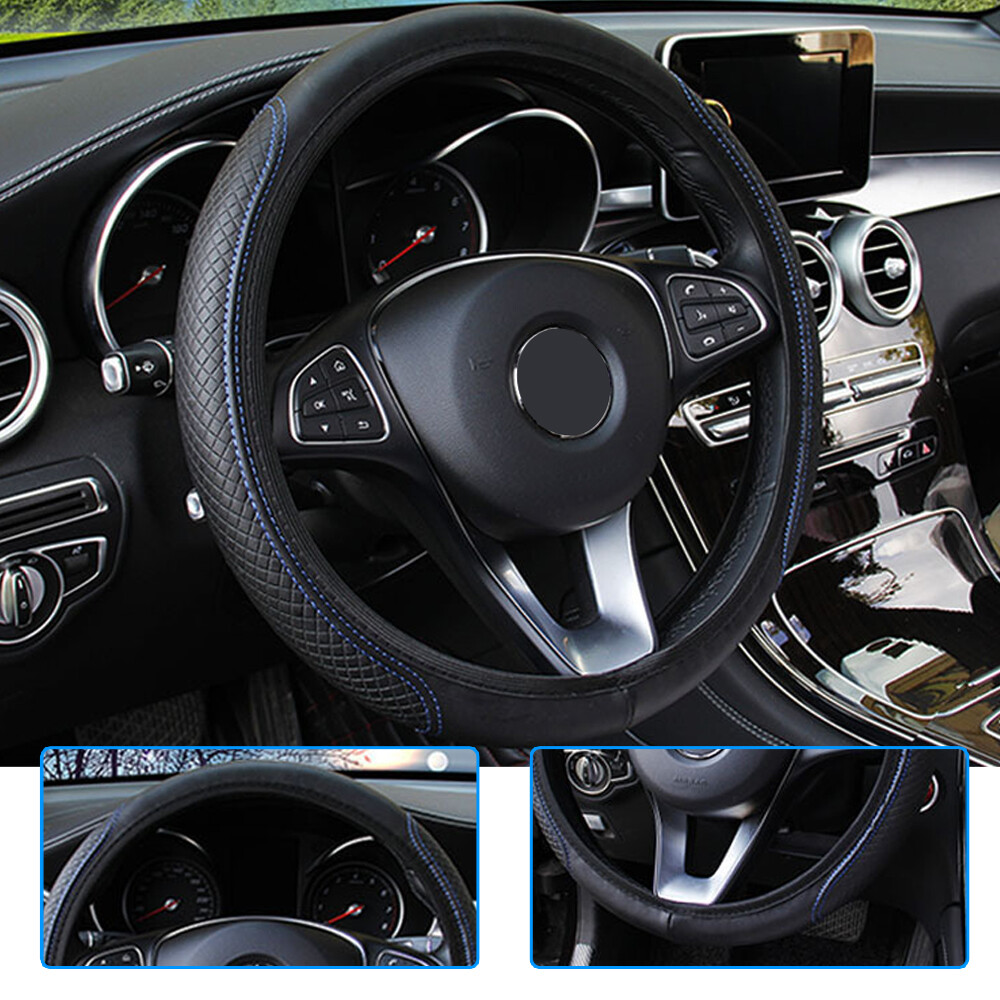 15″ Black- Blue Leather Car Auto Steering Wheel Cover for Good Grip Accessories