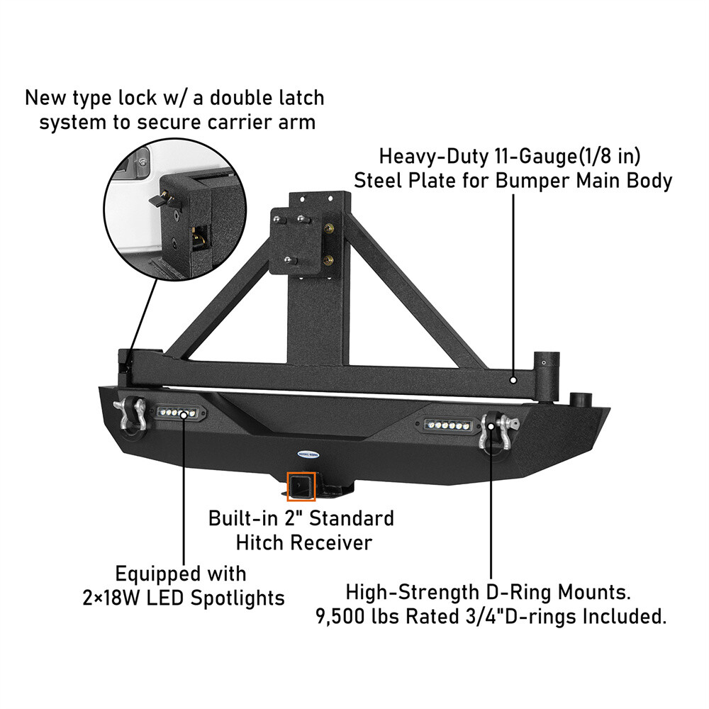 Hooke Road Fit 07-18 Jeep Wrangler JK Rear Bumper w/ Tire Carrier Light Tow Hook
