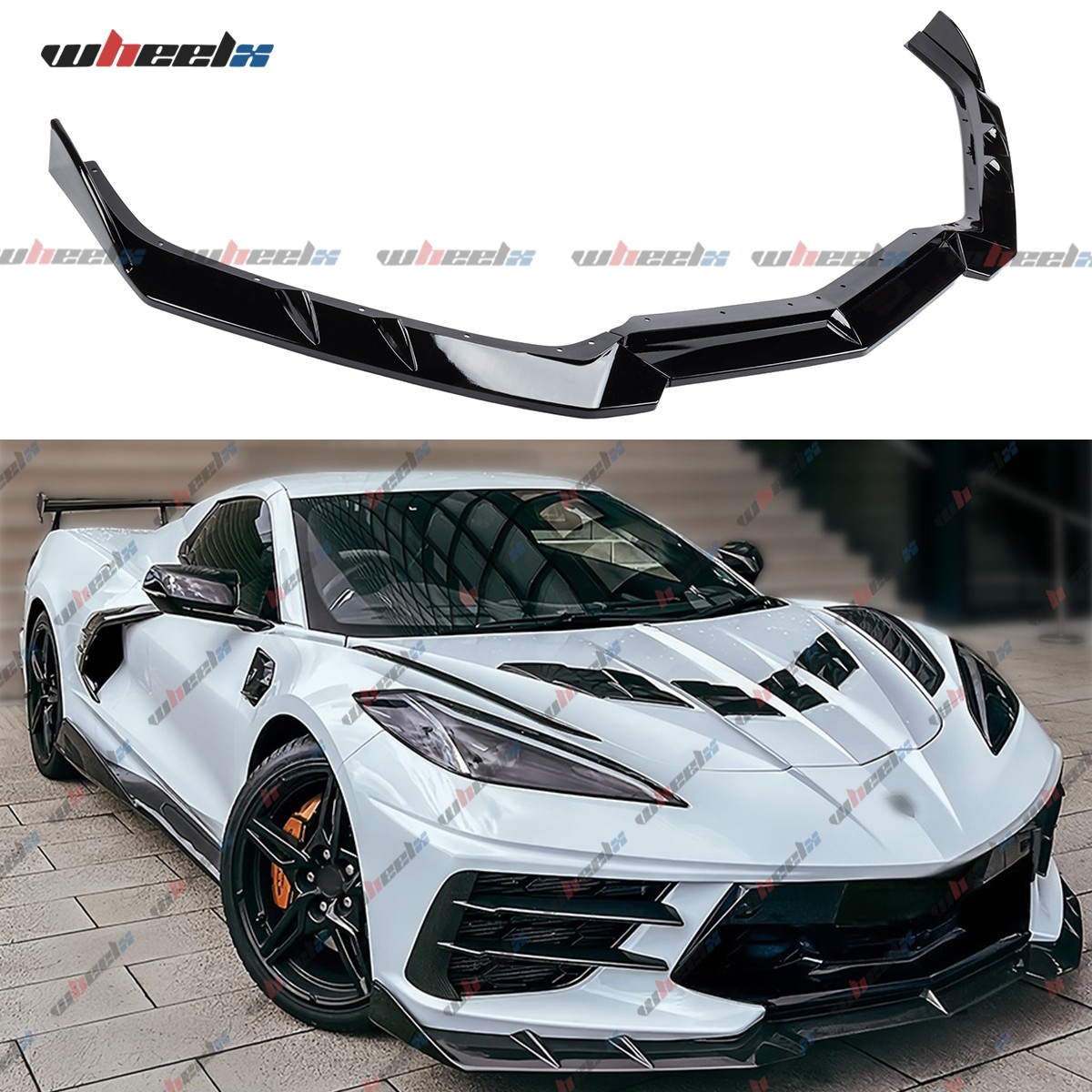 For Corvette C8 2020-2026 Gloss Black Front Bumper Lip Splitter 5VM Style 3PCS