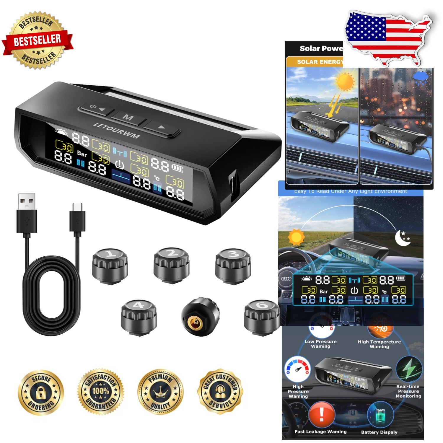 Upgrade RV TPMS 6 Sensors, Solar Charge, USB-C, Color LCD, 0-144PSI, Safe Drive