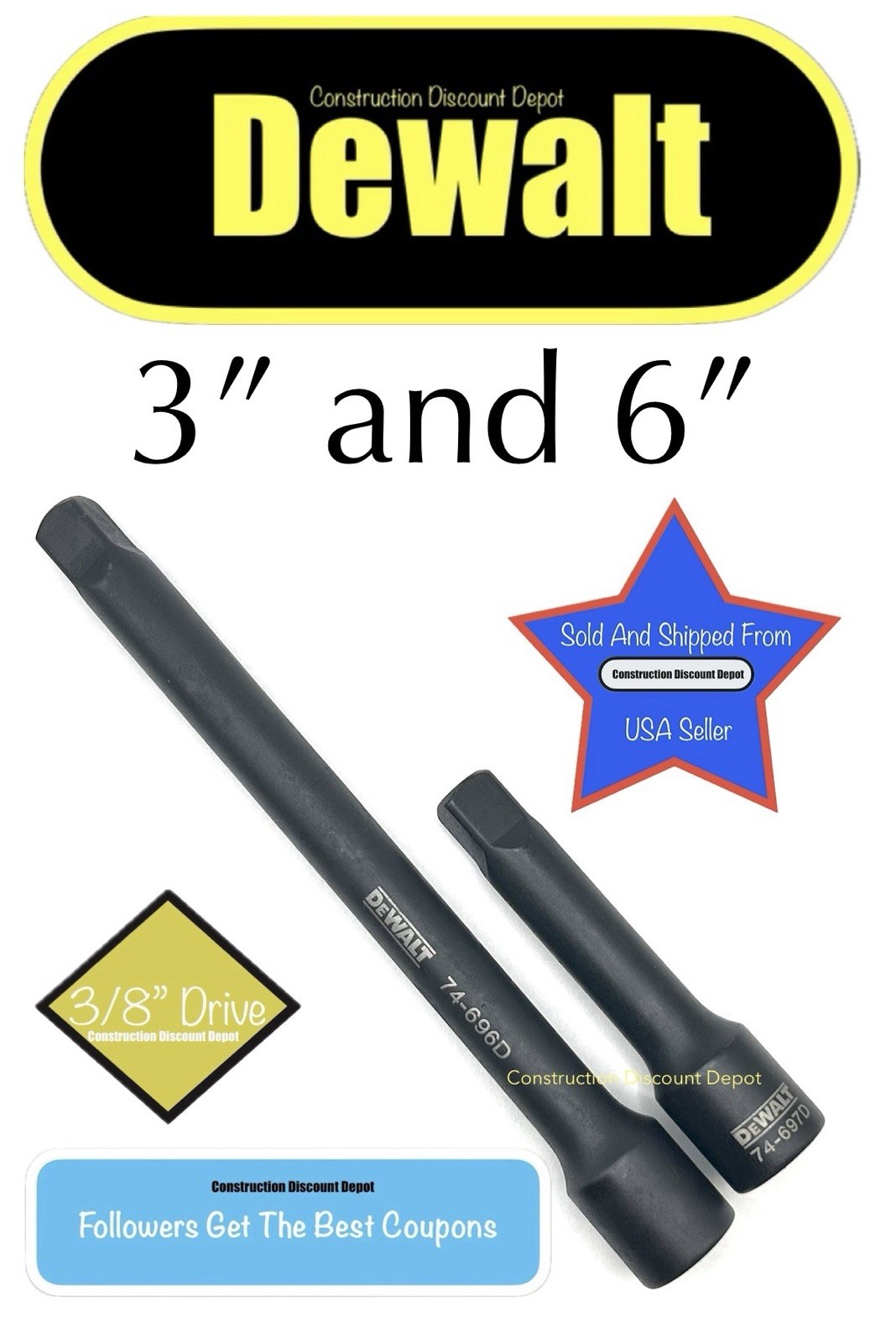Dewalt 6″ And 3″ Black Oxide Impact Extension 3/8″ Drive 74-696D 74-697D