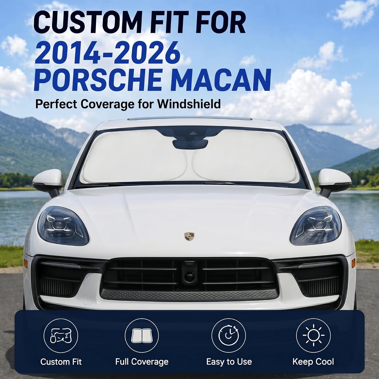 Custom Fit Windshield Sun Shade for Porsche Macan, Blocks UV Rays & Easy Fold (N