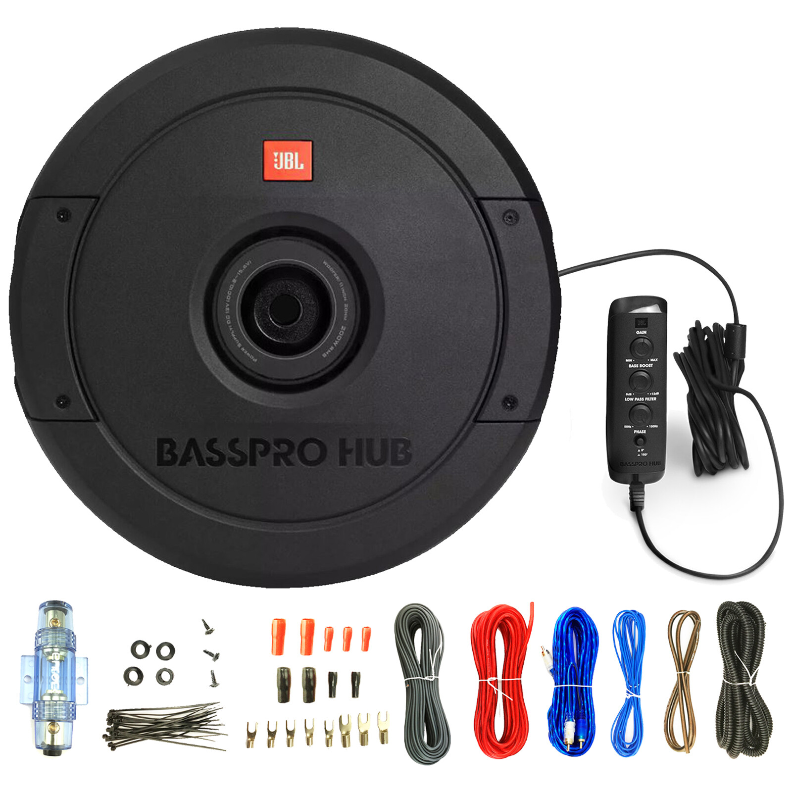 JBL BassPro Hub 11″ Spare Tire Subwoofer w/ Remote, 8 Gauge Amplifier Wiring Kit