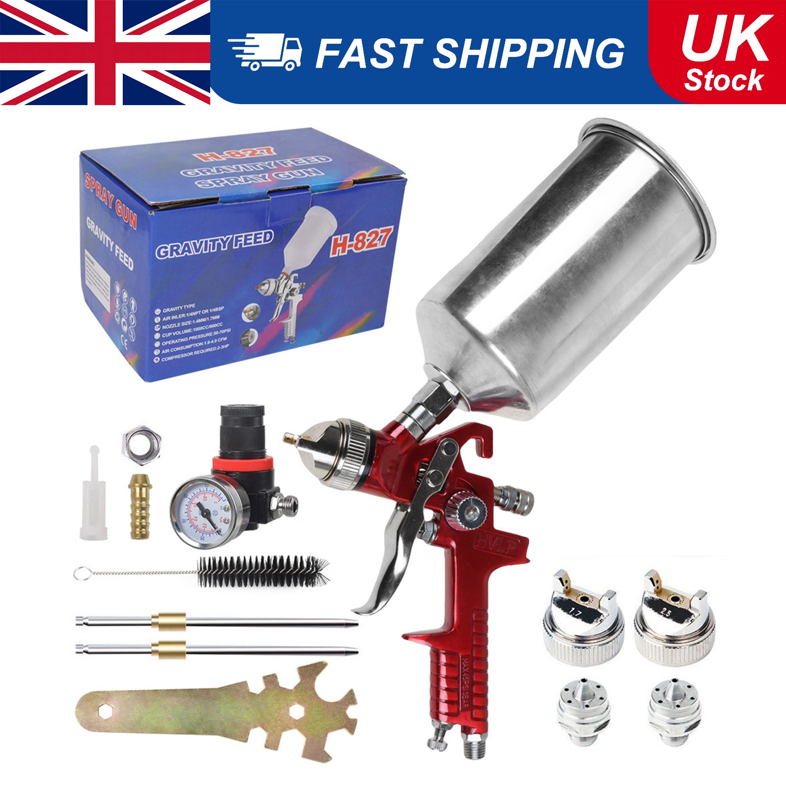 HVLP Air Paint Spray Gun Gravity Feed Car Auto Gun Kit 1.4mm/1.7mm/2.5mm Nozzles