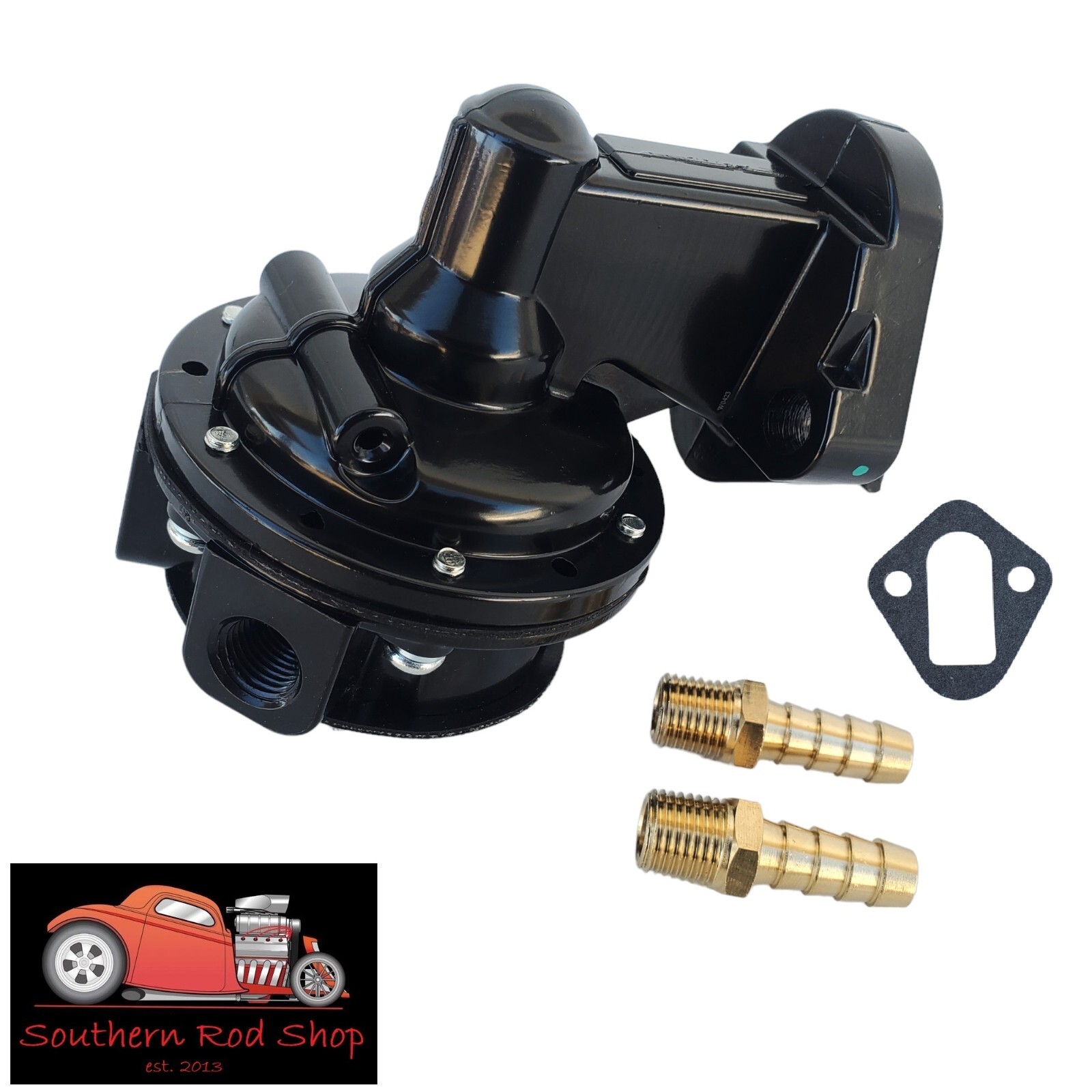 Small Block Chevy Black Fuel Pump Mechanical 80 GPH SBC 305 327 350 400 Fittings