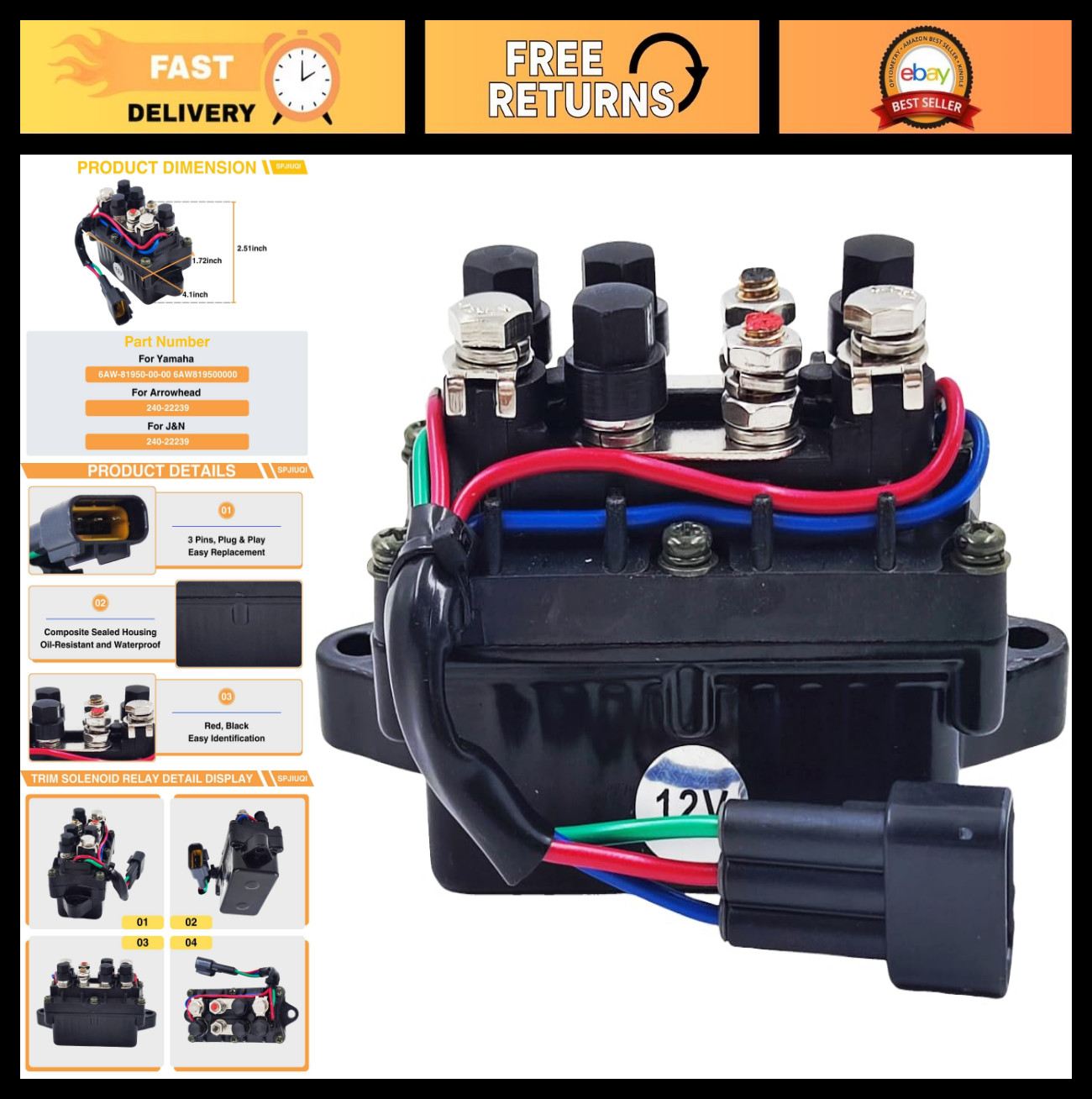 Marine Engine Trim Solenoid Relay for Yamaha 200-350HP, Replaces 6AW-81950-00-00