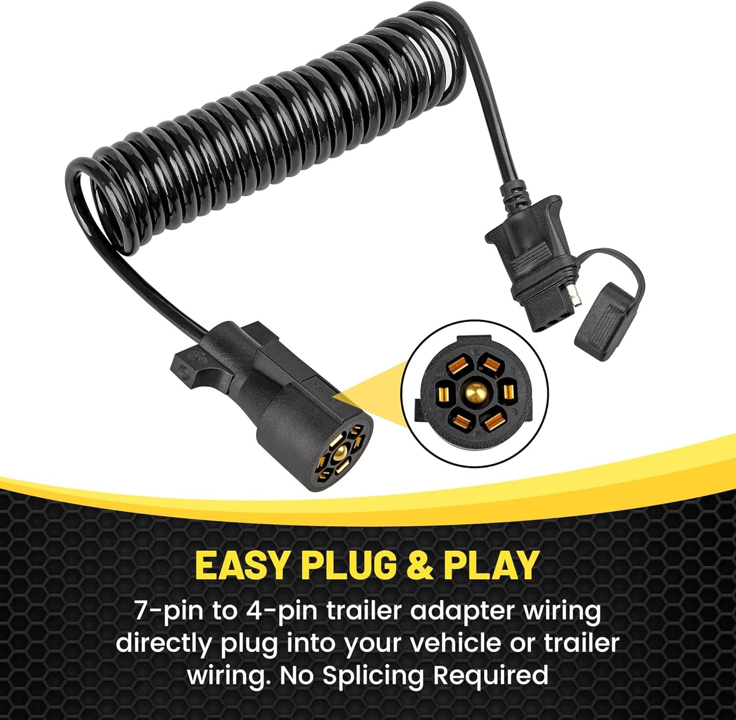 7 Way Round to 5 Way Flat Coiled Trailer Adapter w/ Trailer Clip (6′) UV Coating