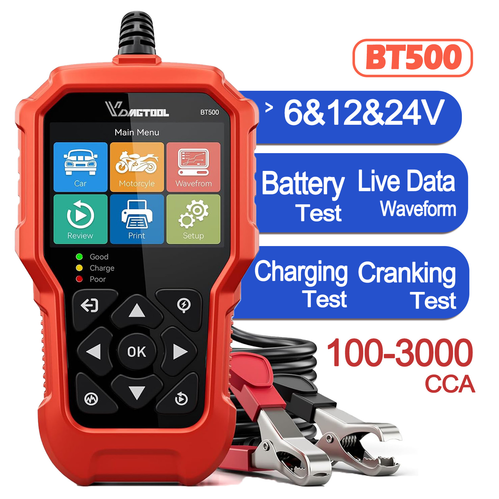 VDIAGTOOL BT500 6V 12V Car Battery Tester Battery Load Tester Battery Analyzer